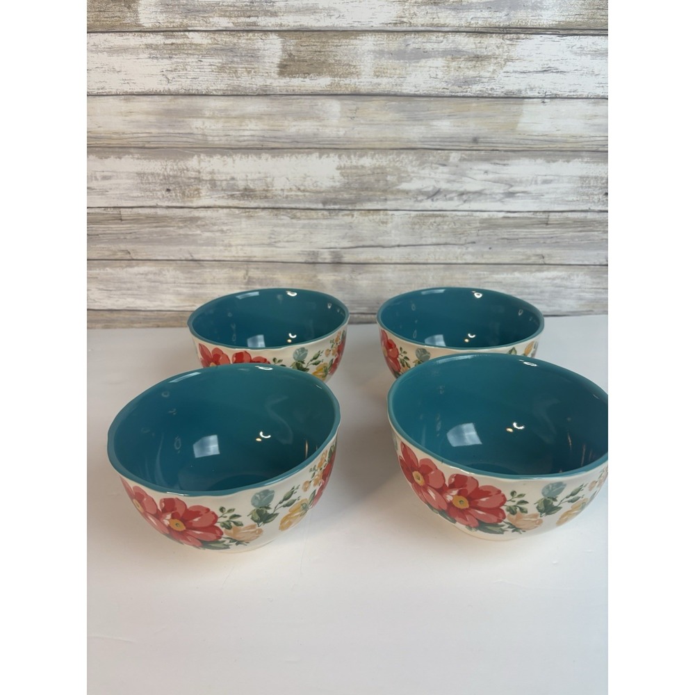 Set of 4 - The Pioneer Woman - Vintage Floral Stoneware Cereal Bowls Teal EUC